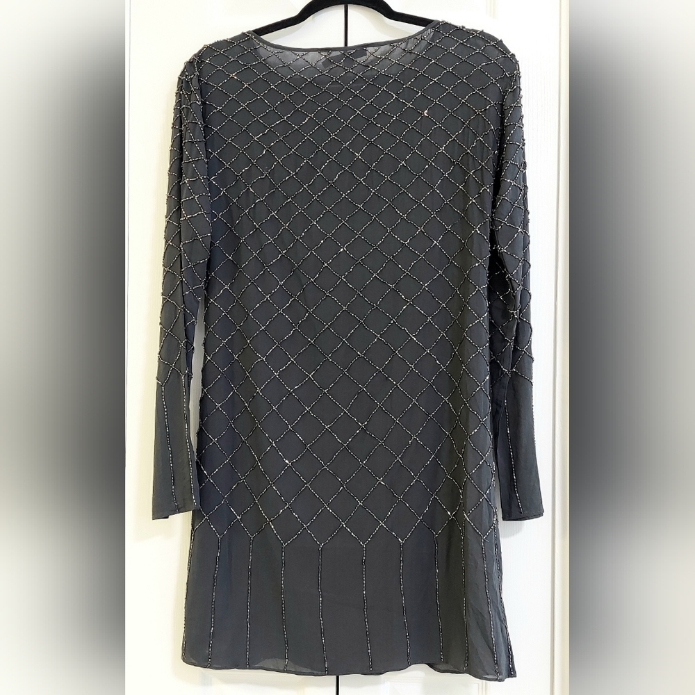 Calypso St Barth Dress, 100% Silk, Gray, Hand-Beaded